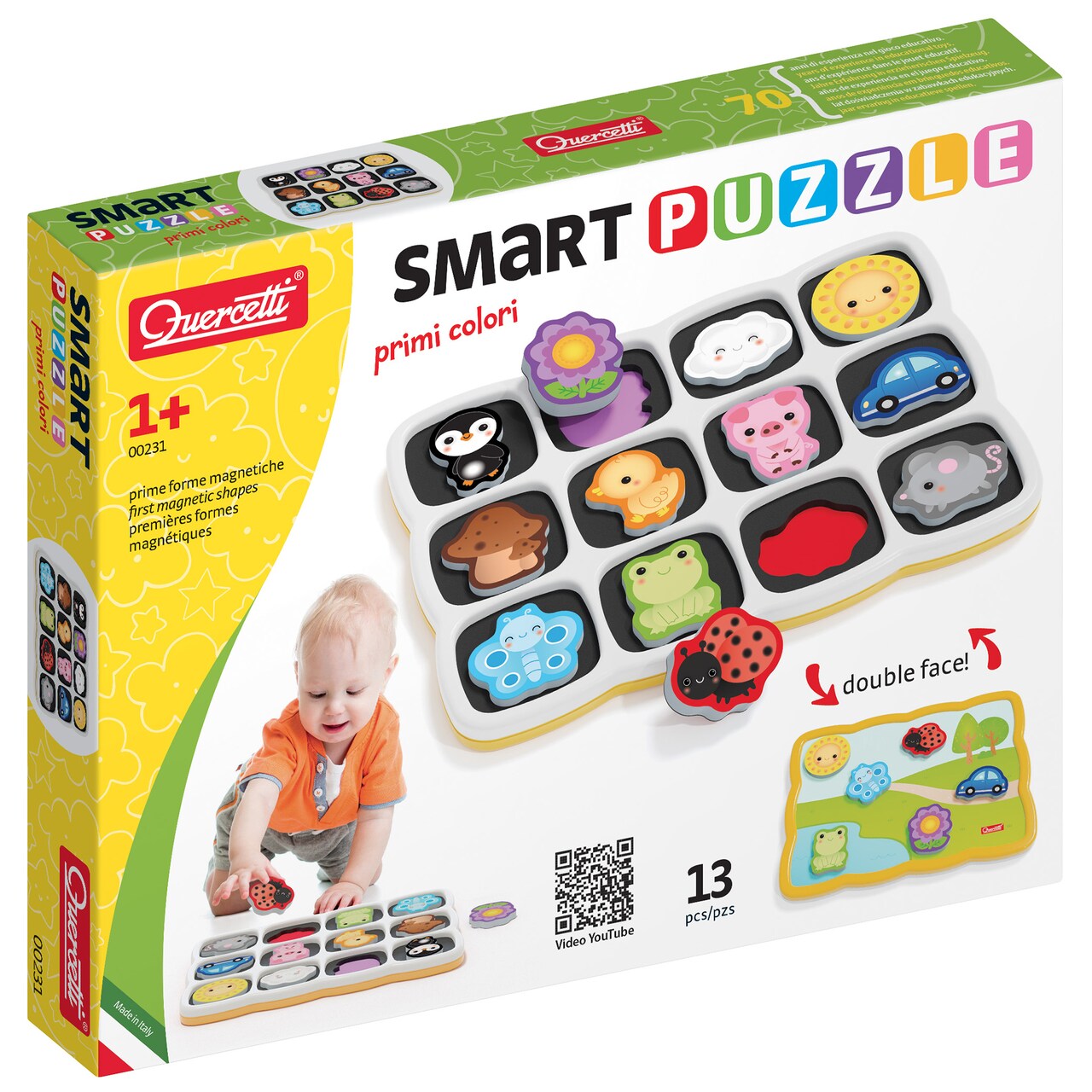 Quercetti: Smart Puzzle - First Colors - 13pc Double-Sided Magnetic, Animal-Nature-Car Shaped pcs, Preschool Toy, Baby Activities, Toddler-Kids Age 1+